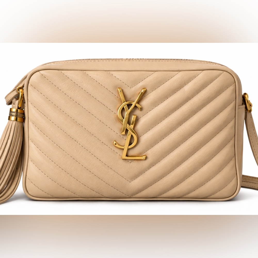 💯 Authentic Saint Laurent Lou Camera Bag Dark Beige 612579 Chevron Quilted YSL